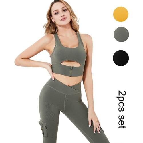 Women Yoga Set Bra and Leggings with Pocket 2pcs Wear Workout Sportwear