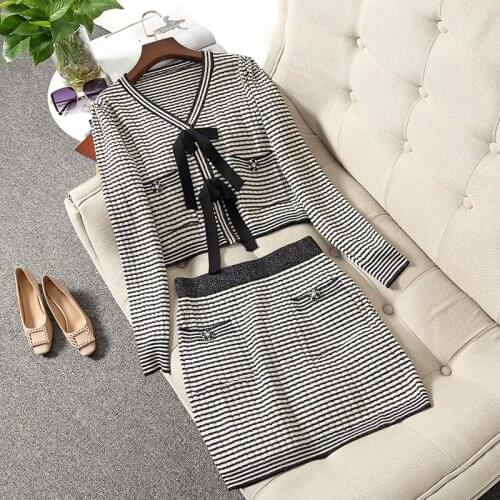 2021 Women Elegant Bow Striped Two Pieces Sets Knitted Tops& Skirts Streetwear Sets Autumn Winter Clothes