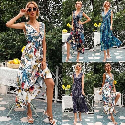 2021 Summer Bohemia Sexy Deep V Neck Womens Dress New Fashion Casual Print Sleeveless Empire Bandage Ladies Long Dress Vestidos