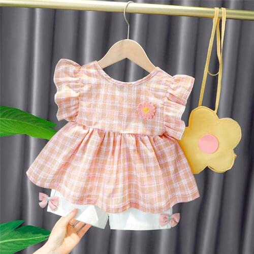 2021 Summer Infant Girls Clothing Sets Toddler Baby Casual Outfit Plaid Flower T Shirt Shorts Bowknot Kids Vacation Party Set