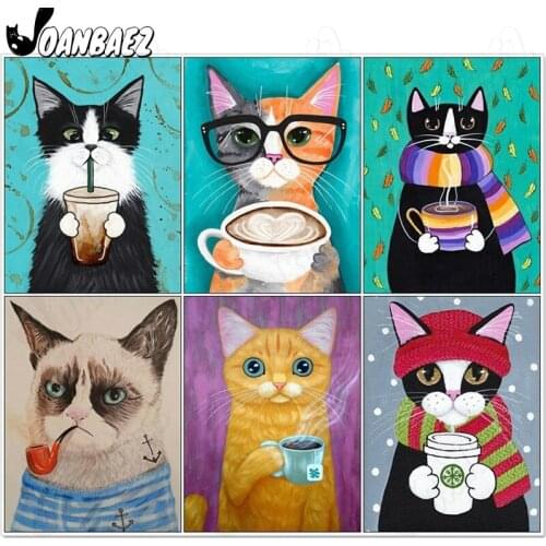 Abstract Animal Cat Diamond Painting 5D Diy Wall Art Cat Drinking Coffee Sticker Diamond Embroidery Inlaid Room Decoration Gift