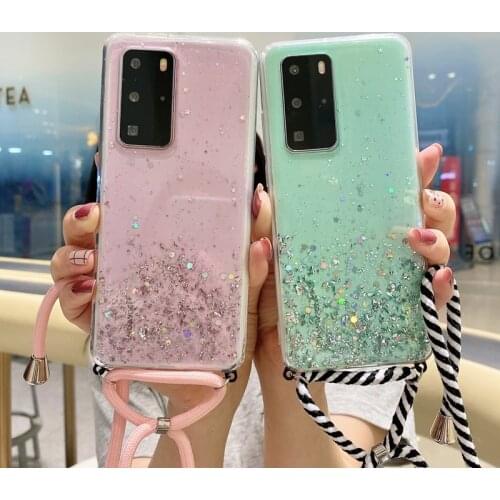 Sparkle Glitter Phone Case For Huawei P30 Lite P40 P20 Pro Cover Necklace Lanyard Case For Huawei Mate 20 Lite 30 10 Pro Funda
