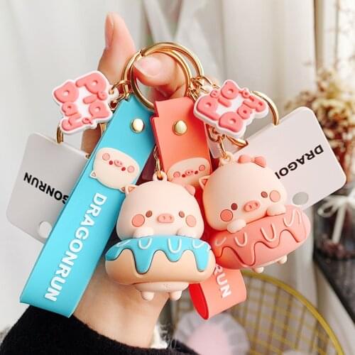 Cartoon Donuts Pig Doll Keychain Cute Pink Blue Keyfob Trinket Girl Boy Pendant Bag Car Key Ring Jewelry Gift