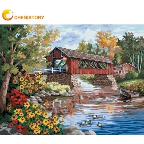 CHENISTORY Mountain River House Landscape Painting By Numbers For Adults 60x75cm Frame Acrylic Oil Paint Draw Canvas Home Arts
