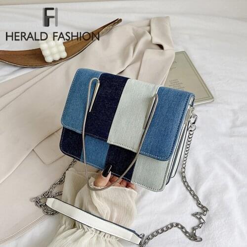 Denim Patchwork Women Shoulder Bag Fashion Chain Female Messenger Crossbody Bag Casual Flap Lady Handbgag Trend Contrast Bag