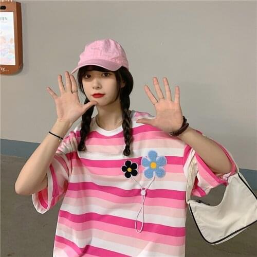 Rainbow Color Striped Short-Sleeved t-Shirt Womens Summer Half-Sleeved 2021 Loose Korean Girl Style Sweet Summer Top