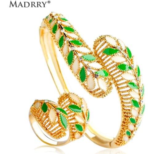 Madrry Alloy Metal Luxury Bangle&Rings Jewelry Sets Gold Color Green Enamel Leaves Crystals Braccialetto Cocktail Party Gioielli