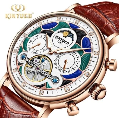 KINYUED Watches Mens 2021 Automatic Pilot Luxury Casual Fashion Skeleton Color Block Dial Moon phase Wristwatch montre homme