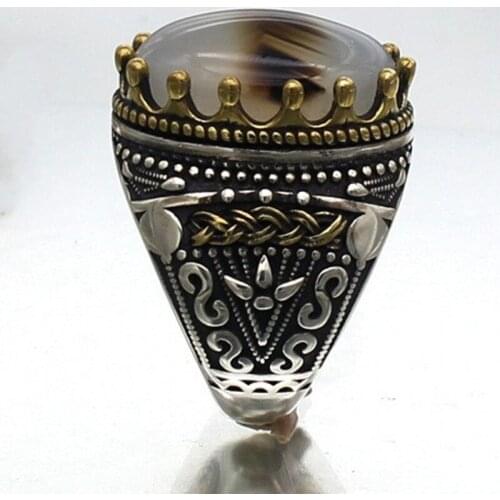 BOCAI New 2021 Trendy Natural Agate Gemstone Mens Ring 100% Pure s925 Silver Jewelry Plating Gold