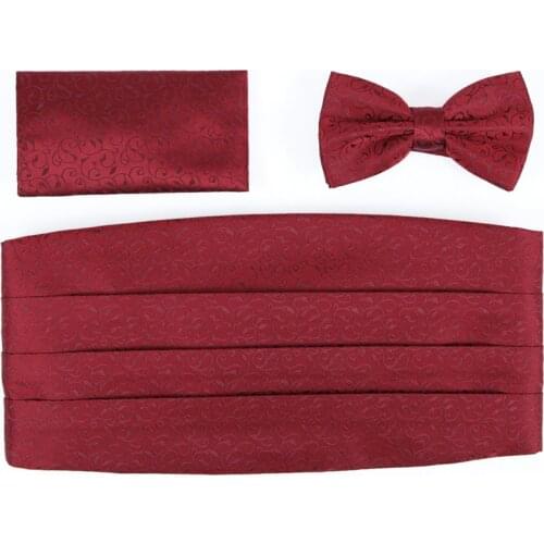 New Men Dress Girdle+Bow Tie+Square Towel Handkerchief Gravata Borboleta Men Wedding Party Girdles Bowtie Burgundy Gift Box