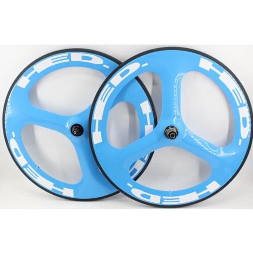 New arrival tubular rim 3 spokes wheels 700C Road Track Fixed Gear bike aero full carbon fibre bicycle blue color Free shipping