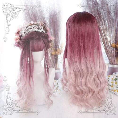 Gradual Pink Berry Kawaii Lolita Wig Harajuku Long Curly Hair Adult Chic Girls Women Princess Cosplay Daily Wear