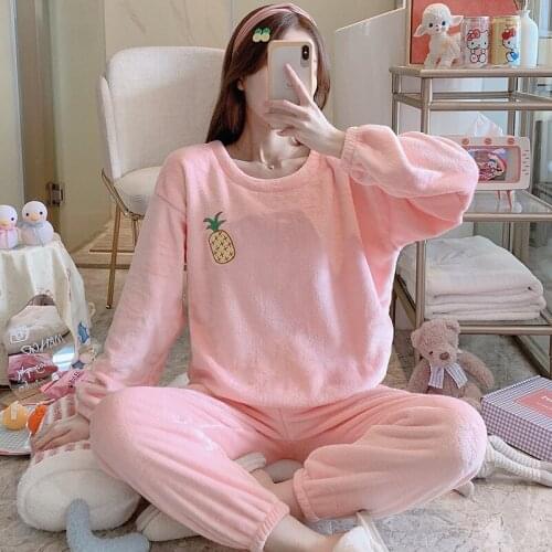 SLPBELY Pink Coral Fleece Thick Women Pajamas 2pcs Set Warm Soft Girls Nightwear Homewear Sleepwears Casual Home Clothes Suit