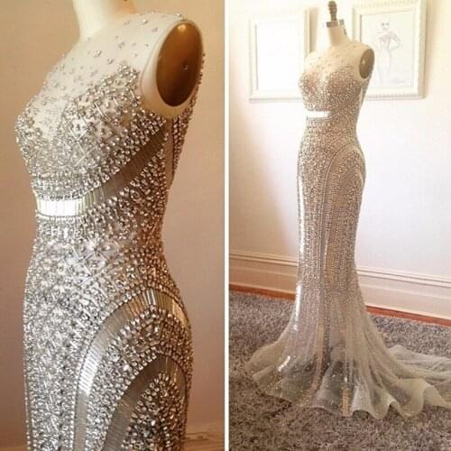 Luxury Mermaid Evening Gown Beaded Rhinestones Formal Prom Dresses Support multi-color and color customization