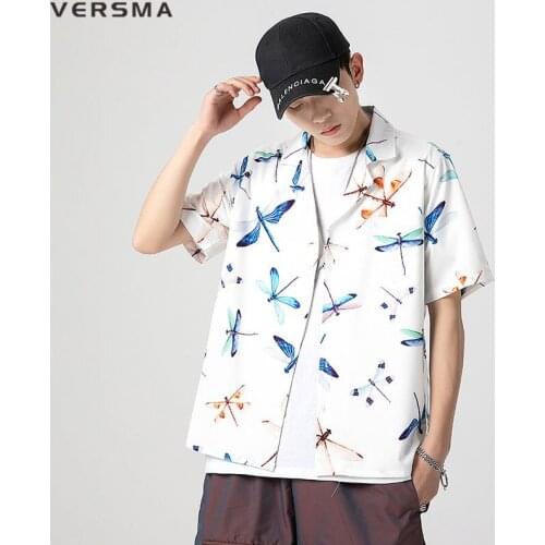 VERSMA Japanese Trendy Short Sleeve Floral Shirt Men Women Summer Loose Cat Dragonfly Graffiti Print Silk Shirt Men Dropshipping
