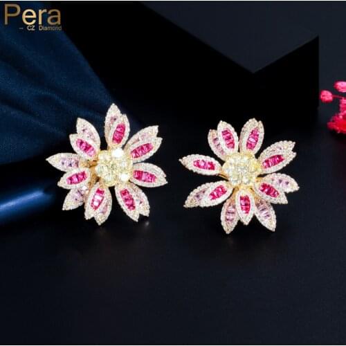 Pera Brilliant Red Yellow CZ Stone Gold Color Large Sunflower Statement Stud Earrings for Women 2021 Boho Ethnic Jewelry E780