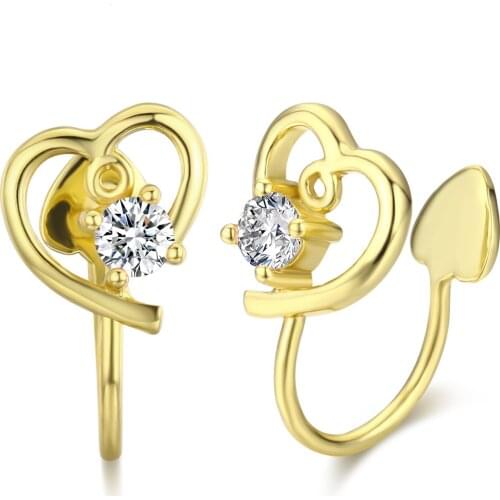 Cute 925 Sterling Silver Gold Color CZ Peach Love Heart Clip Earrings Ear Cuff Jacket For Women Girls Kids Ear Cartilage Jewelry