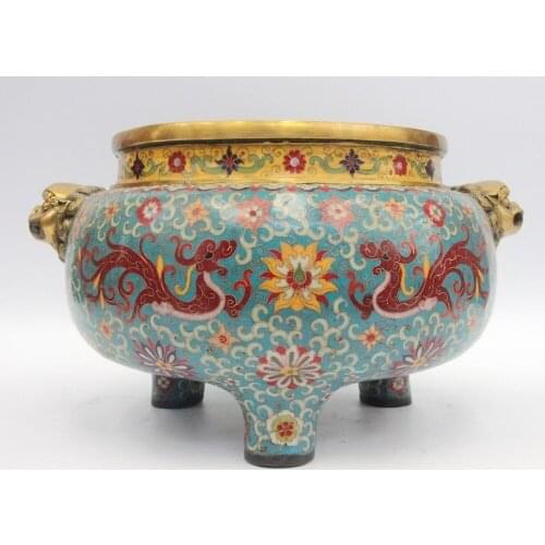 Tibet Buddhism Bronze Cloisonne Foo Dog Dragon Play Bead Incense Burner Censer