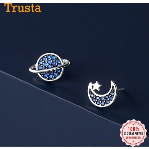 TrustDavis Real 925 Sterling Silver Fashion Asymmetrical Planet Moon CZ Stud Earring For Women Valentines Day Jewelry DB175