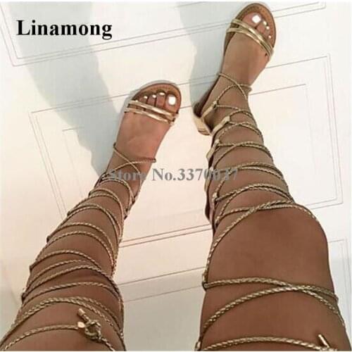 Women Summer Fashion Gold Rope Design Lace-up Gladiator Flat Boots Open Toe Straps Cross Over Knee Sandal Boots Flat Shoes