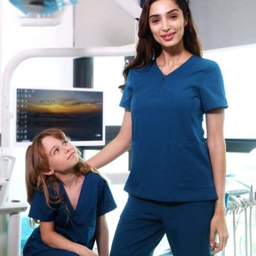 Women Stretch Scrub Set Workwear Scrubs Uniform Short Sleeve Polyester Spandex Fashion Girl Outfit Working Suit 20SS025