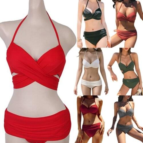 Women Sexy 2 Piece Bikini Set Halter Criss Cross Wrap Push Up Underwire Swimsuit Ruched Swim Bottoms Solid Bathing Suit