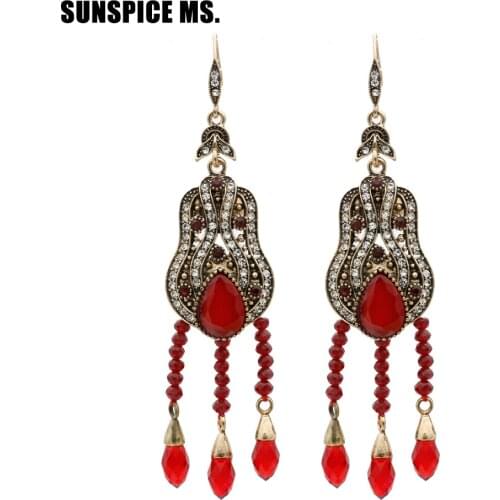 Exhibition Style Turkish Women Vintage Seed Bead Dangle Earrings Antique GoldColor Tassel Resin Hook Drop Earring Ethnic Jewelry