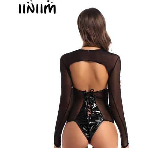 Womens Exotic Bodysuit Costumes Clubwear Back Lace-up Crotchless Open Cups Sissy Teddy Bodycon Catsuit with Mesh Shrug Tops