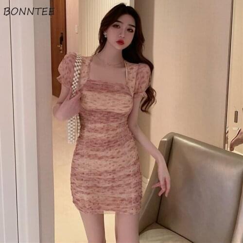 Summer Dresses Women Vintage Puff Sleeve Slim Print Ulzzang Square Collar Elegant Preppy Style Fashion Teens Classic Holiday New