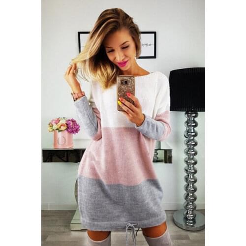 Winter Warm Womens Cowl Neck Knitted Sweater Loose Long Sleeve Oversize Patchwork Sweaters Jumper Womens Casual Long Tops Dress