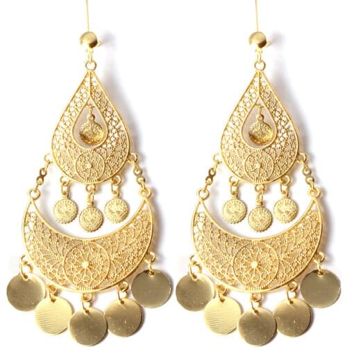 Arab Women Luxury Golden Water Drop Hollow Tassel Long Drop Earrings Muslim Jewelry Party Wedding Festival