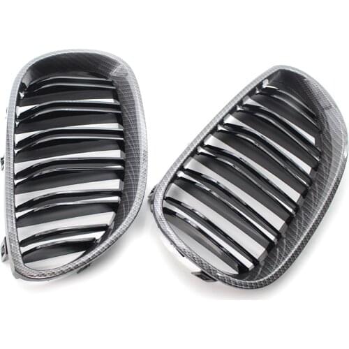 A Pair Carbon Fiber Look Double Line Racing Grill For BMW E60 E61 M5 5 Series 2003-2010 Grills 2-Slat Car Styling Accessories
