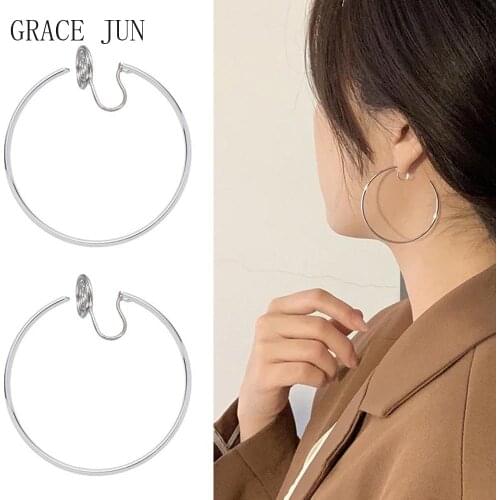 GRACE JUN New Arrival Big Clip on Earrings No Pierced for Women Luxury Fashion Geometric Circle Ear Cuff Fake Piercing Ear Clip