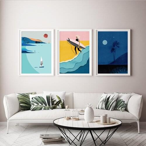 Surfer Paradise Canvas Painting,Surfing Bliss Wall Art Picture,Ocean Coast, Vacation Vibes Posters, Tropical Nights, Gift Decor
