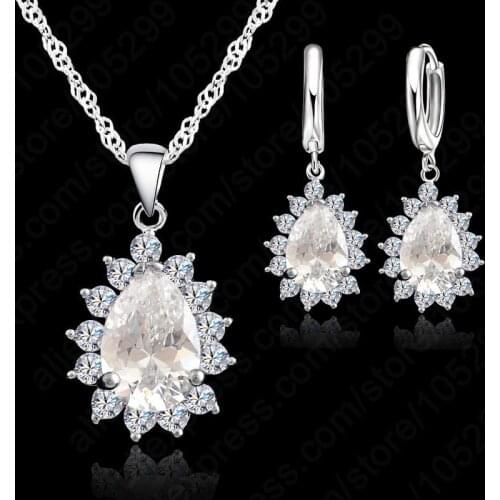 Women Classic Wedding Jewelry Set 925 Sterling Silver Cubic Zircon Water Drop Necklace/Earring Sets Fast Shipping