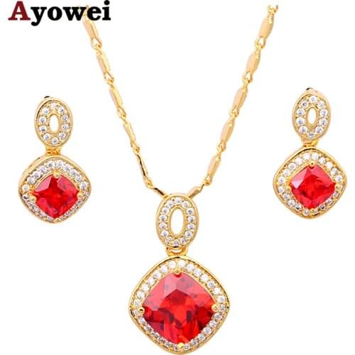 Elegant Garnet Jewelry Gold color Earring Necklace Set Golden SWA Element Red Crystal Health Fashion Jewelry JS168A
