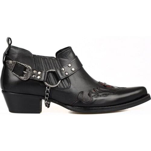 FootCourt- Black Cowboy Boots Red Line Detailed Western Boots Real Leather Harness Strap Pointed Toe Boot Autumn Spring Handmade