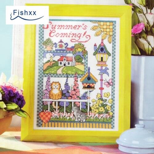 Fishxx Cross Stitch Kit European magazine Crazy111-1 summer to the courtyard scenery small cat cartoon pattern