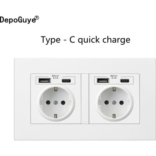 EU standard Type-C USB wall socket, mobile phone quick charging adapter, EU USB plug dual socket, 16A Power outlet AC110V-250V