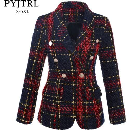 PYJTRL Womens Double Breasted Plaid Tweed Wool Blazer Outer Coat