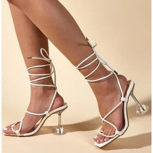 Summer Women Sandals Narrow Band Vintage Square Toe High Heels Cross Strap Thong Sandals Women Transparent Crystal Heels