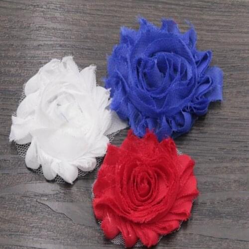 100pcs/lot 2.5" Chic Shabby Frayed Rosette Flower American July 4th Day Chiffion Flower Red Blue White Hair Accessories