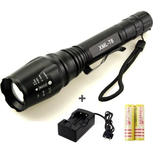 High lumen LED Flashlight 4.2V CREE XML-T6 2*18650 Battery 5 Modes Focalize Flash Lamp +2*18650 batteries + battery charger