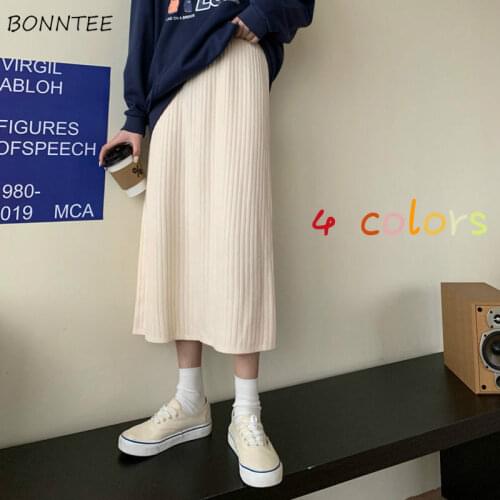 Skirts Women All-match Solid Vintage Teenagers Pleated High Waist Temperament Knitting Autumn Plus Size 3XL Retro Back Slit Lady