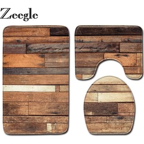 Zeegle 3Pcs Mats For Toilet Bathroom Carpet Wood Grain Bath MatSet Non-slip Bathroom Mat Bath Rug Toilet Set Cover Floor Rugs