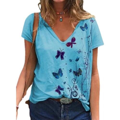 2021 Summer T Shirt Women Short Sleeve V-Neck Butterfly Print Tops Casual Streetwear Loose Ladies Tee Plus Size Cotton Top 3XL