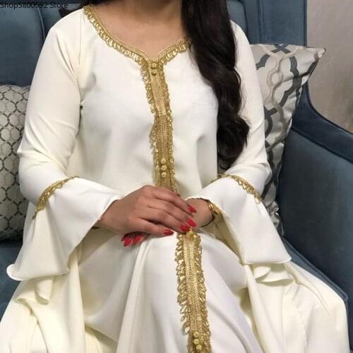 Muslim Women Maxi Dress Jalabiya Dubai Abaya Long Sleeve Golden Ribbon Islamic Clothing Robe Kaftan Moroccan Turkey Fashion