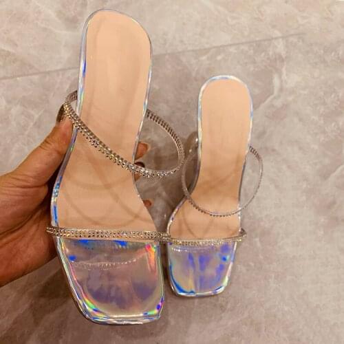 2021 New Silver slippers women elegant square toe rhinestone strap high heels wedding shoes crystal clear heel mules shoes women