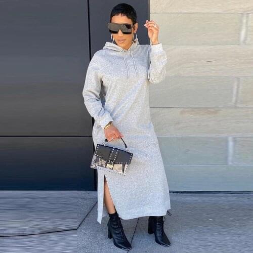 Womens Sweatshirt Hoodie Long Maxi Dresses Casual Full Sleeve Hooded Straight Vestidos Autumn Winter Side Split Loose Dress