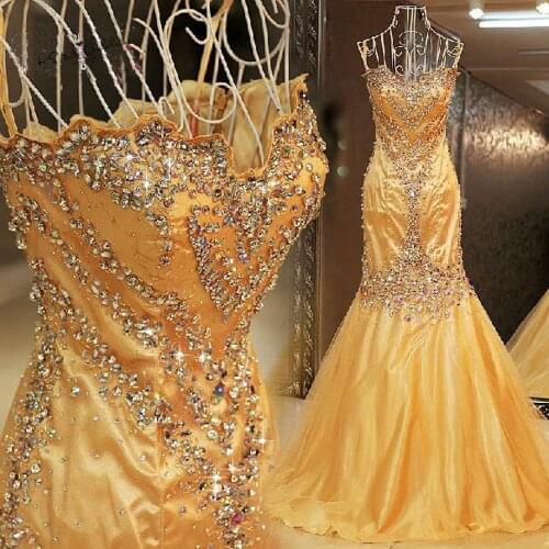 Crystals Gold Long Evening Gowns Women Pageant Dress Sweetheart Vestido de Festa Mermaid Luxury Prom Dress Special Occasion Gown